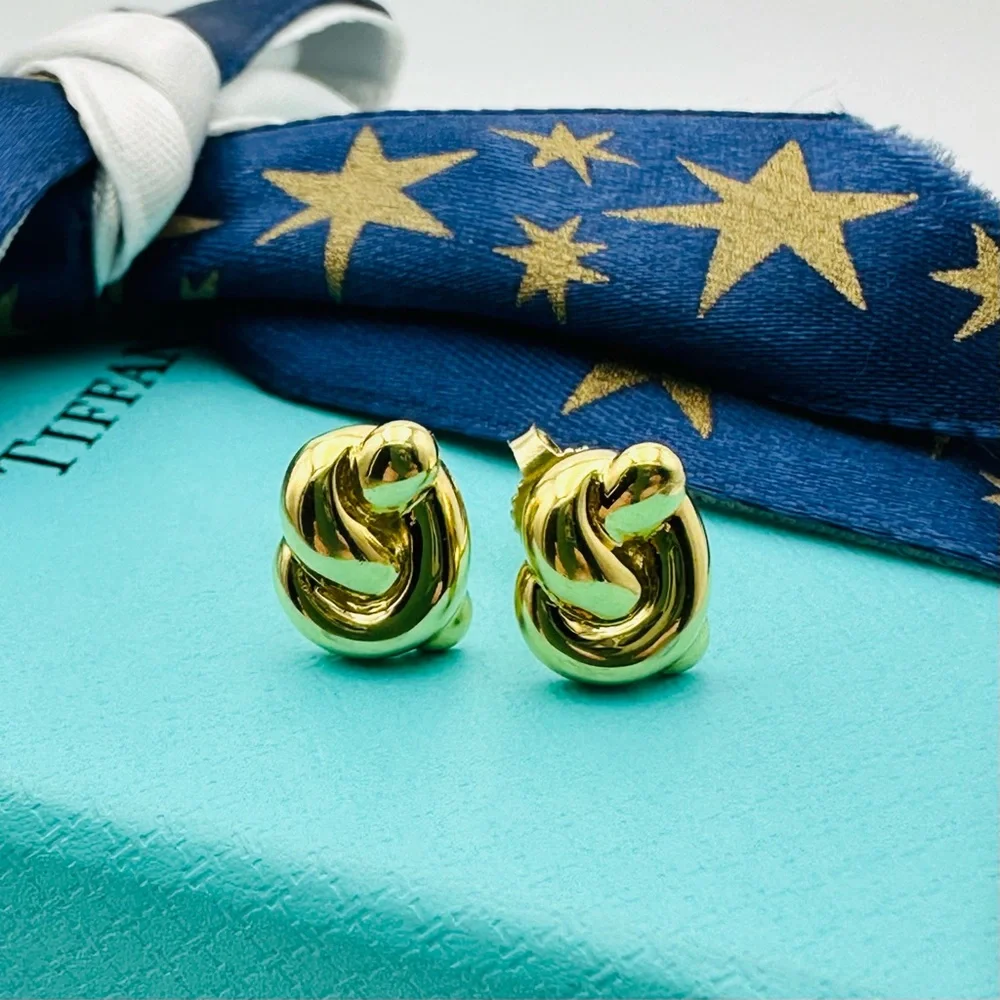 RARE Tiffany & Co. 18K Yellow Gold Twist Knot Pretzel Earrings Vintage with Box